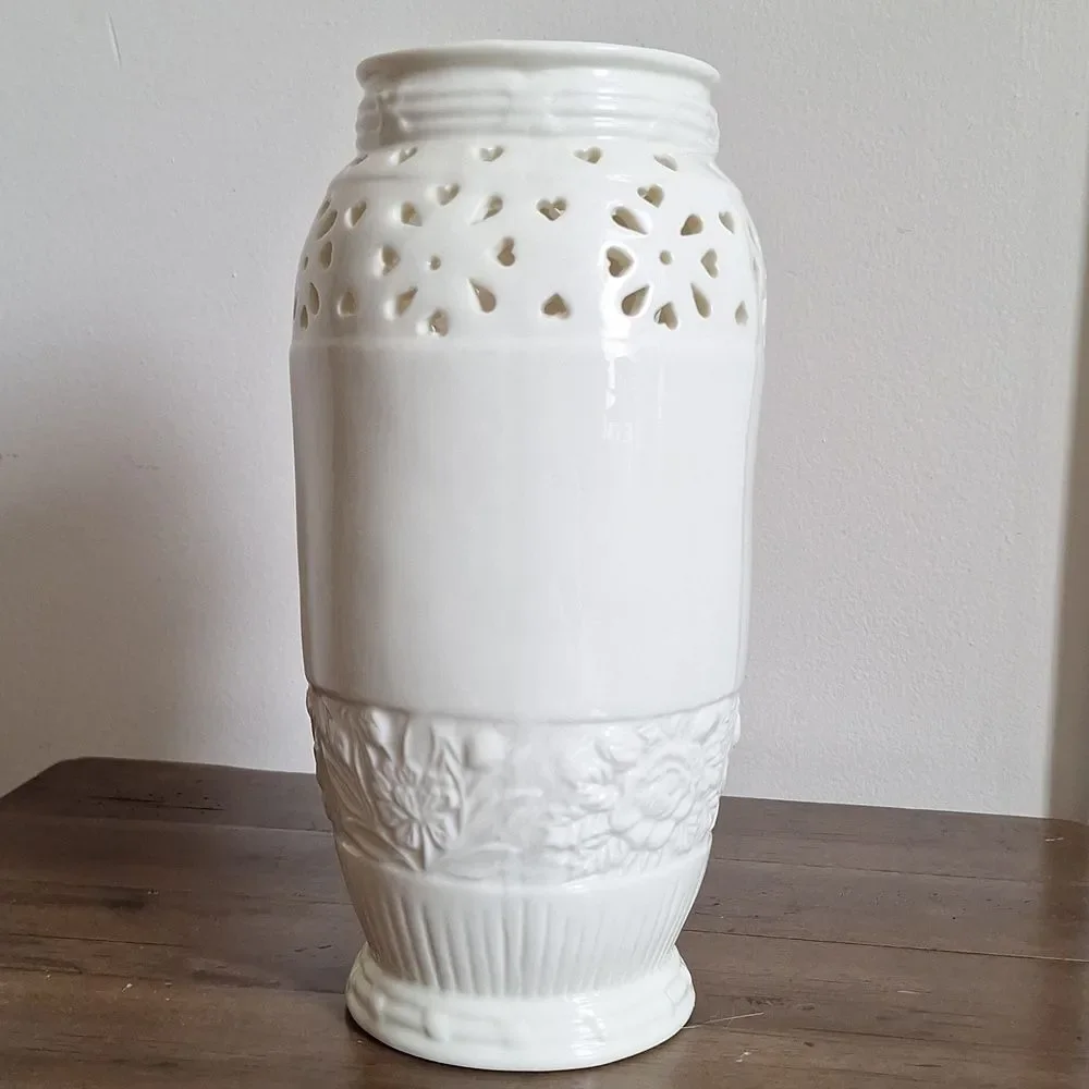 Vintage Capodimonte Style Cream Rose Vase Heart Cutout Victorian Cottagecore